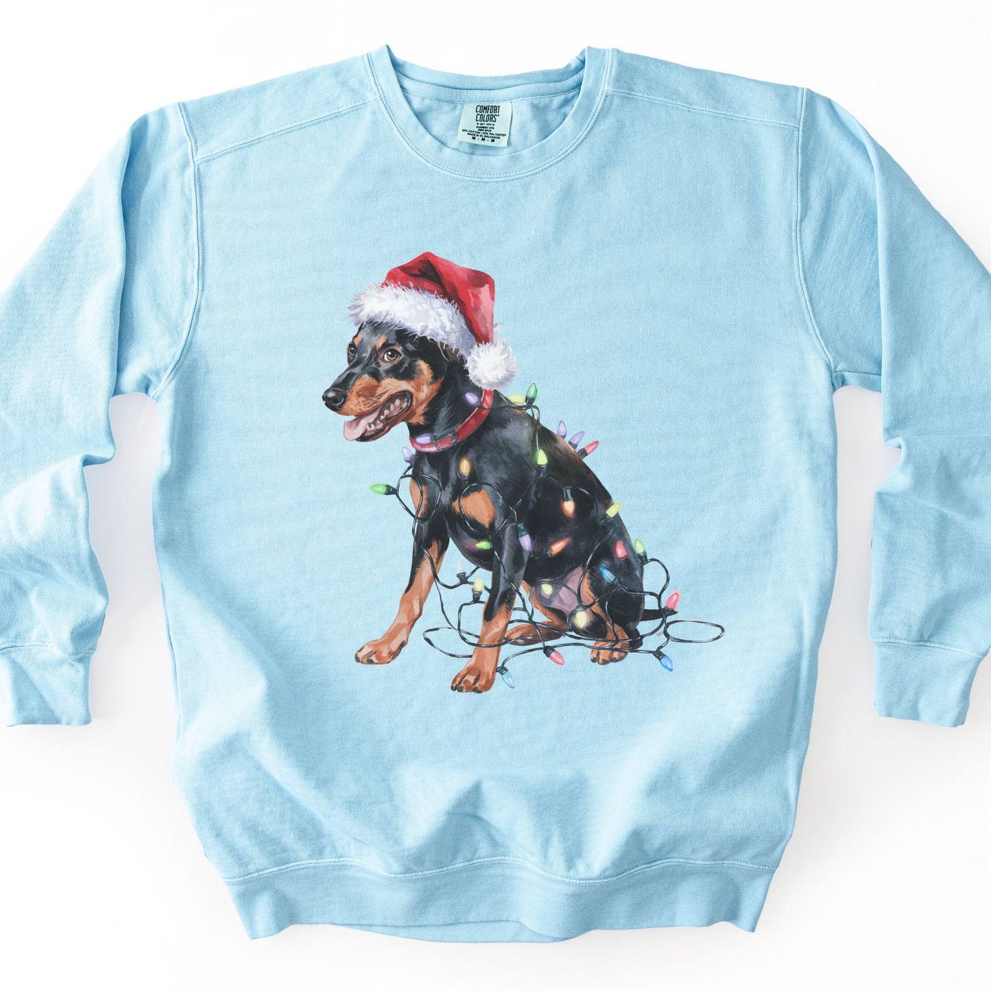 Miniature Pinscher Christmas Lights Dog Sweatshirt, Festive Min Pin Mom Apparel