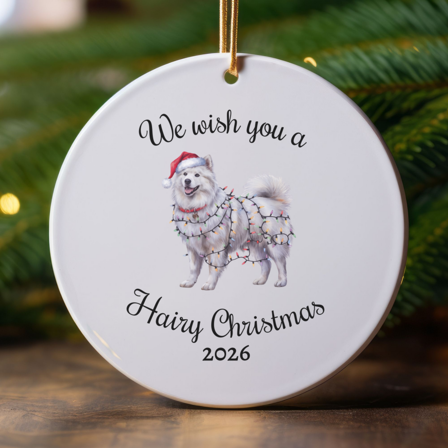Christmas Samoyed Ornament, Christmas Lights Dog Keepsake