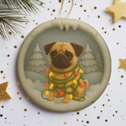 Personalized Tan Pug Christmas Ornament, 3D Clay-Style Dog Keepsake with Lights