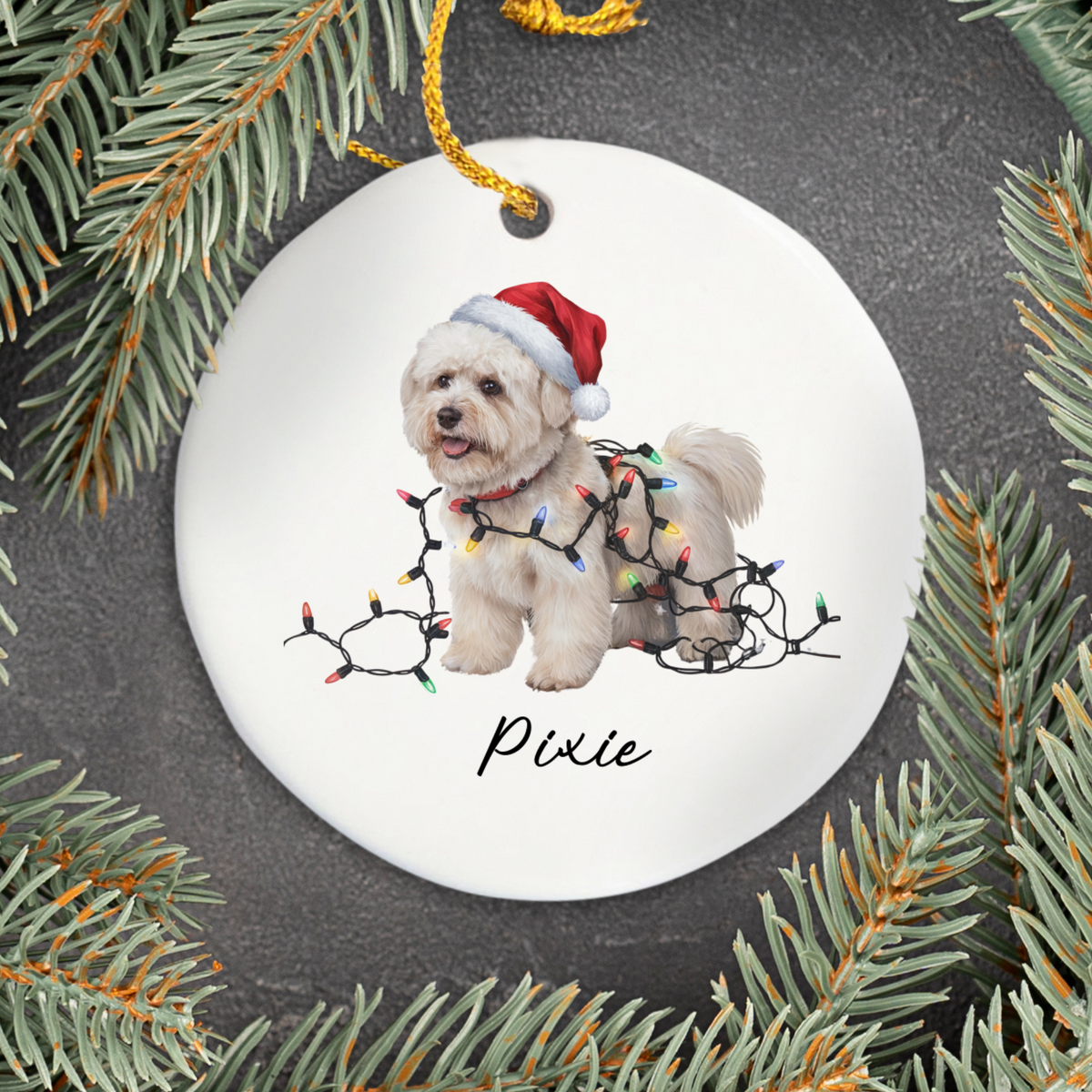 Personalized Bichon Frise Christmas Ornament, Custom Ceramic Holiday Decor, Santa Hat Dog Gift, Round Pet Decoration