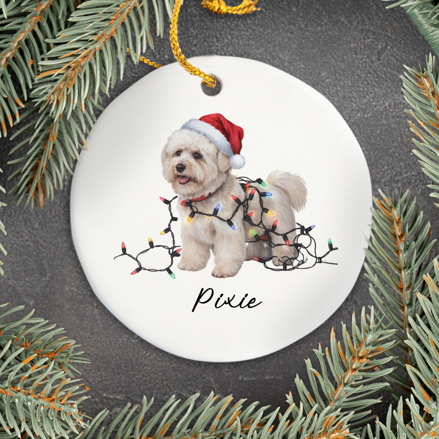 Personalized Bichon Frise Christmas Ornament, Ceramic Dog Santa Hat Lights Decoration