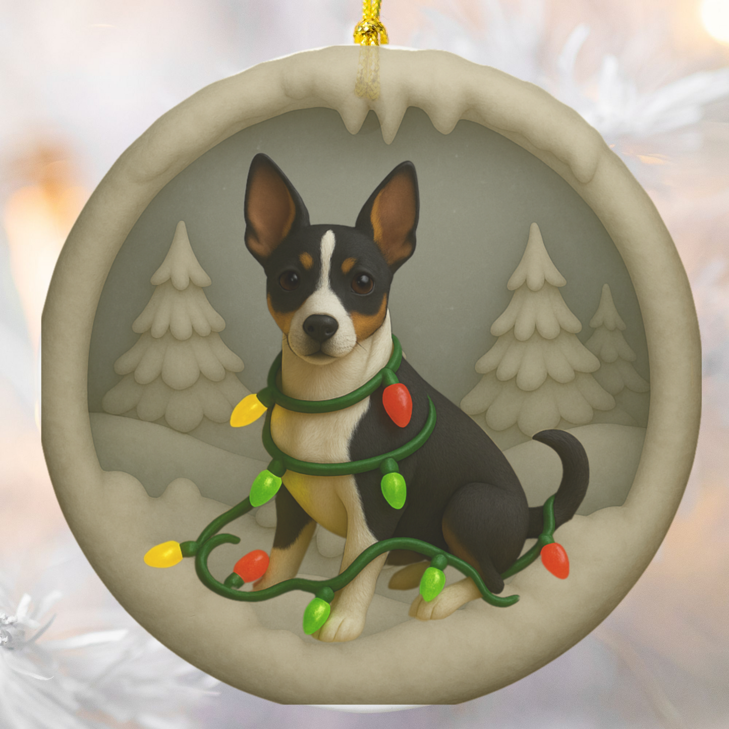 Personalized Rat Terrier Christmas Ornament, 3D Clay-Style Dog Keepsake with Lights