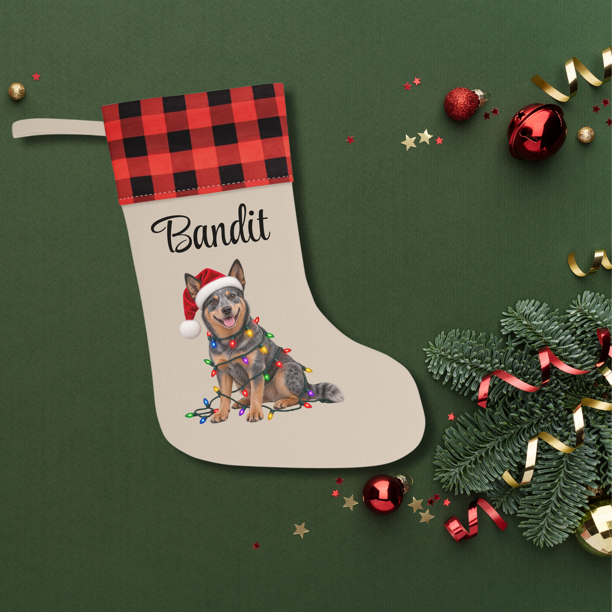 Australian Cattle Dog Personalized Christmas Stocking, Custom Blue Heeler Holiday Stocking, Dog Lover Gift