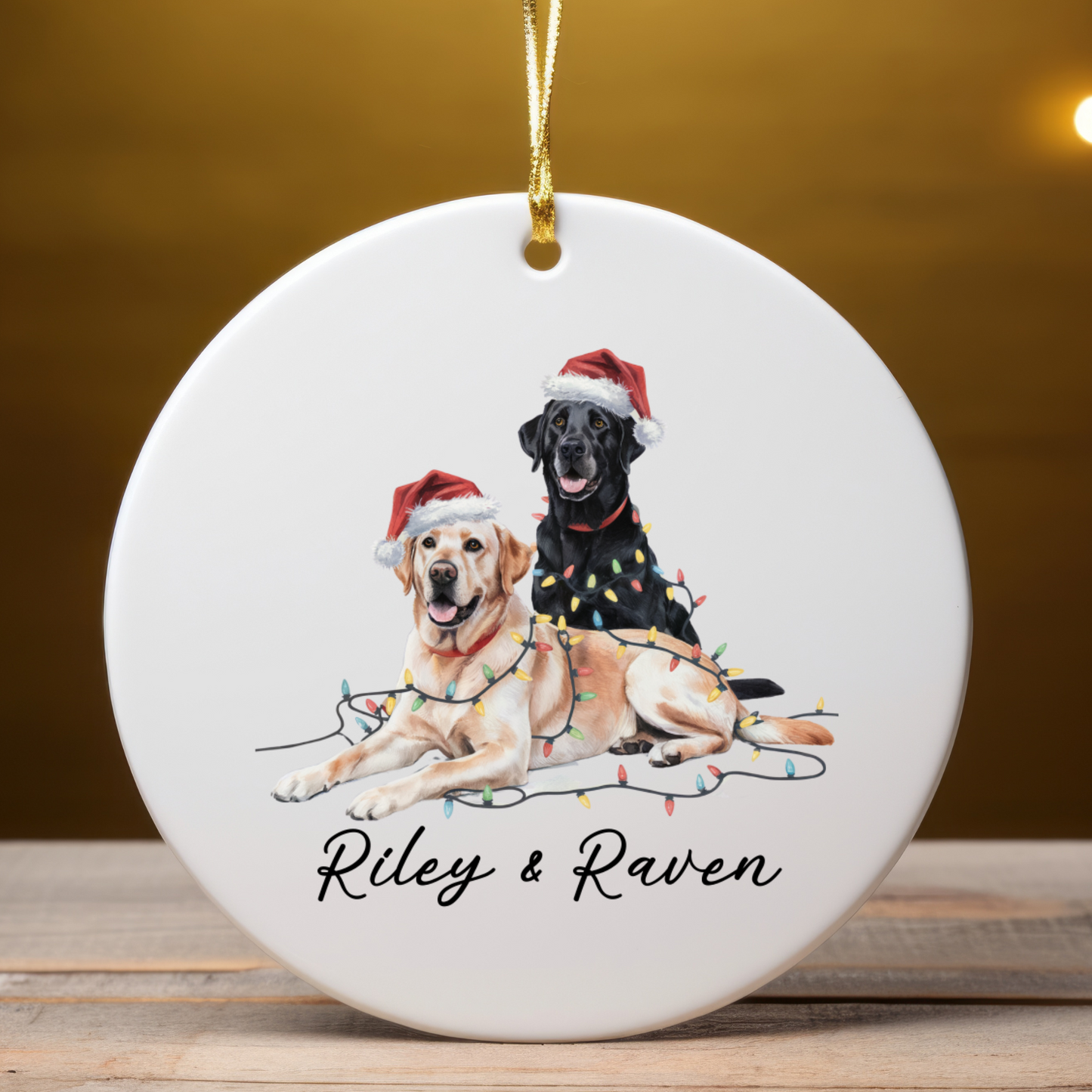 Personalized Yellow Black Lab Christmas Ornament, Festive Dog Lights, Ceramic Keepsake