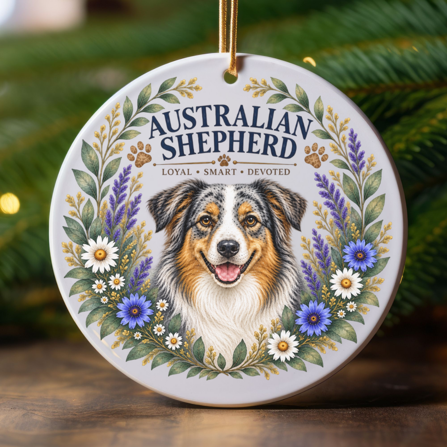 Australian Shepherd Ornament, Aussie Dog Lover Gift, Floral Breed Keepsake, Dog Mom Gift