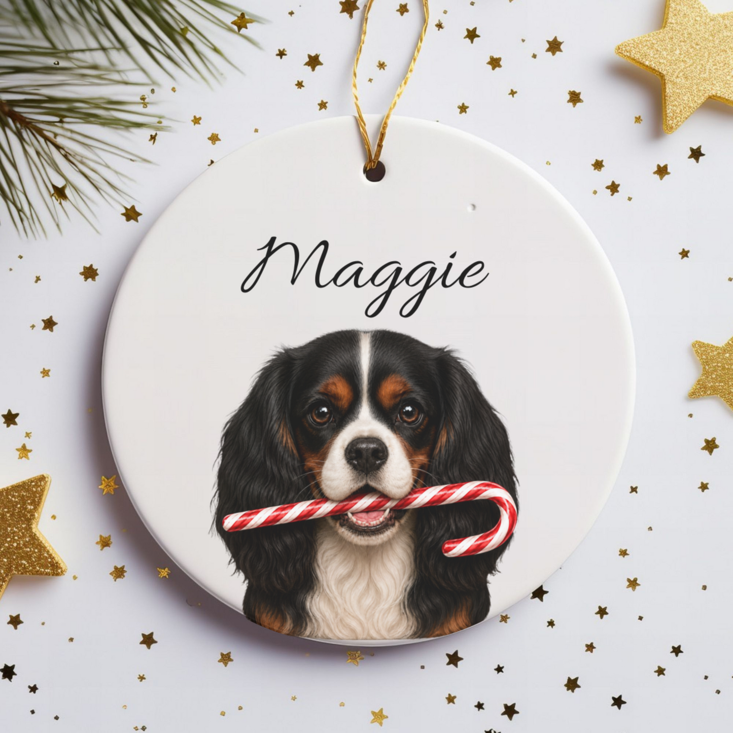 Personalized Tricolor Cavalier Candy Cane Ornament