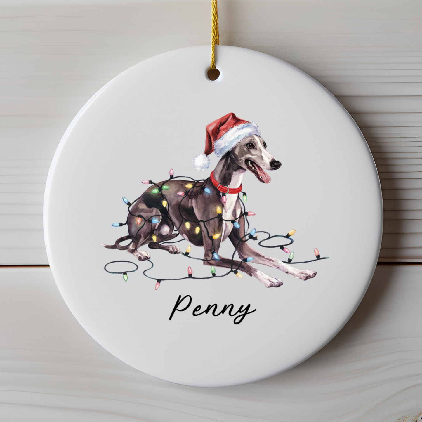 Personalized Greyhound Christmas Ornament, Ceramic Dog Lover Gift, Holiday Pet Keepsake