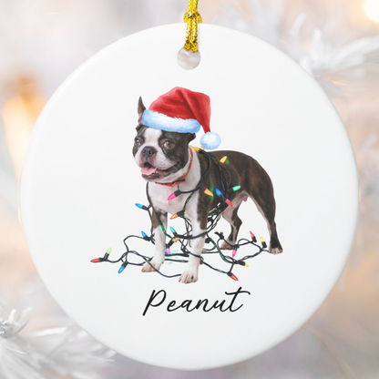 Personalized Boston Terrier Christmas Ornament, Ceramic Dog Lover Gift, Festive Lights Tree Decor