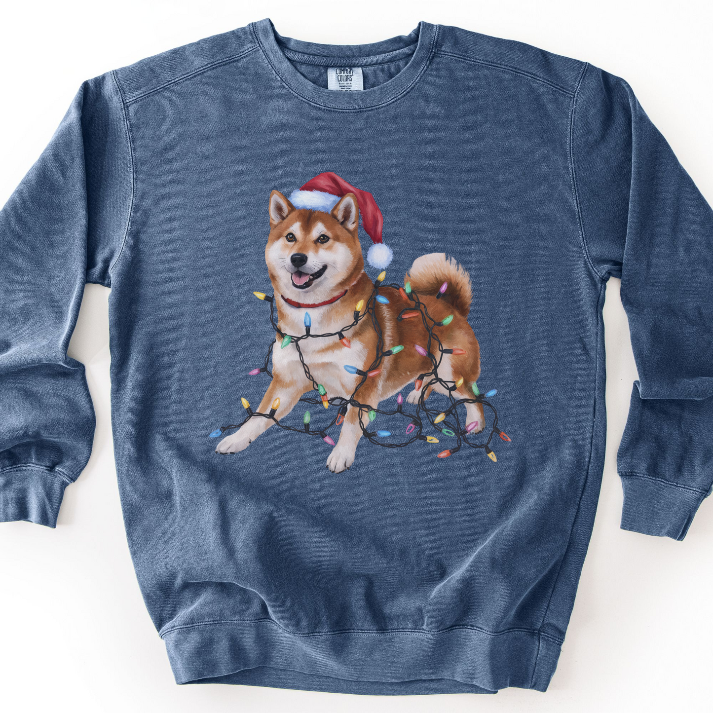 Christmas Shiba Inu Sweatshirt, Dog Tangled in Lights, Santa Hat Dog Lover Gift