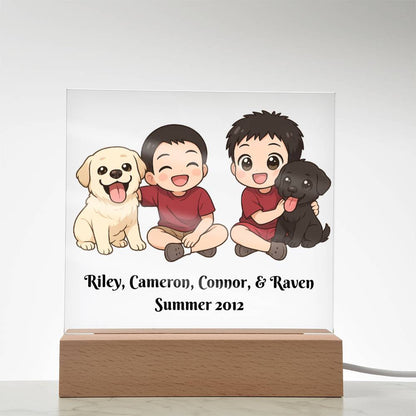 Custom Family Pet Portrait Plaque, Chibi Style Keepsake, Kawaii Cartoon Gift, Personalized LED Decor, Gift for Families