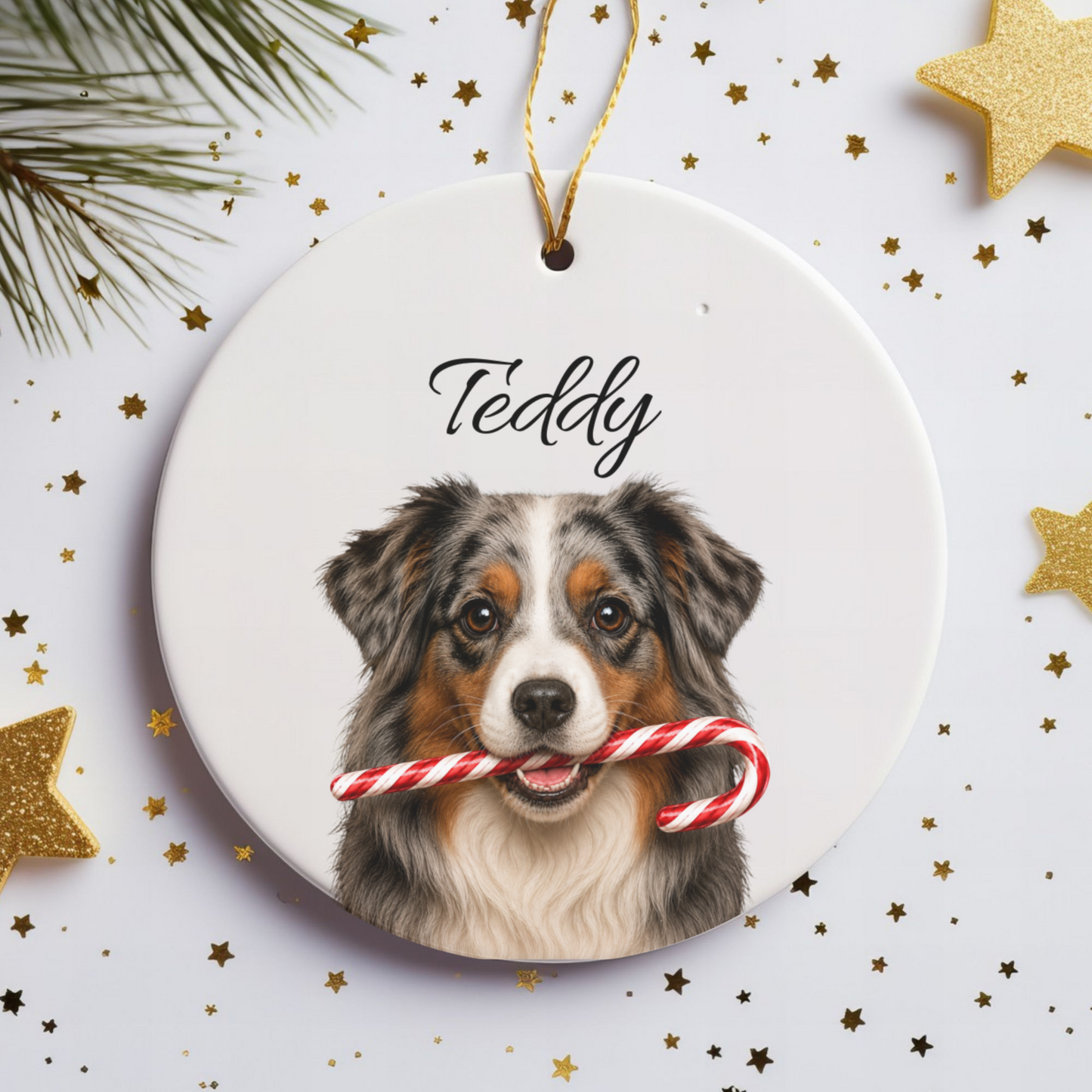 Personalized Australian Shepherd Candy Cane Ornament