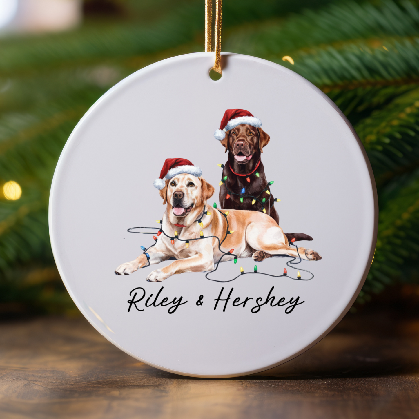 Chocolate and Yellow Labradors Ornament, Personalized Dog Christmas Decor