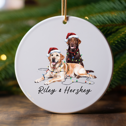 Chocolate and Yellow Labradors Ornament, Personalized Dog Christmas Decor