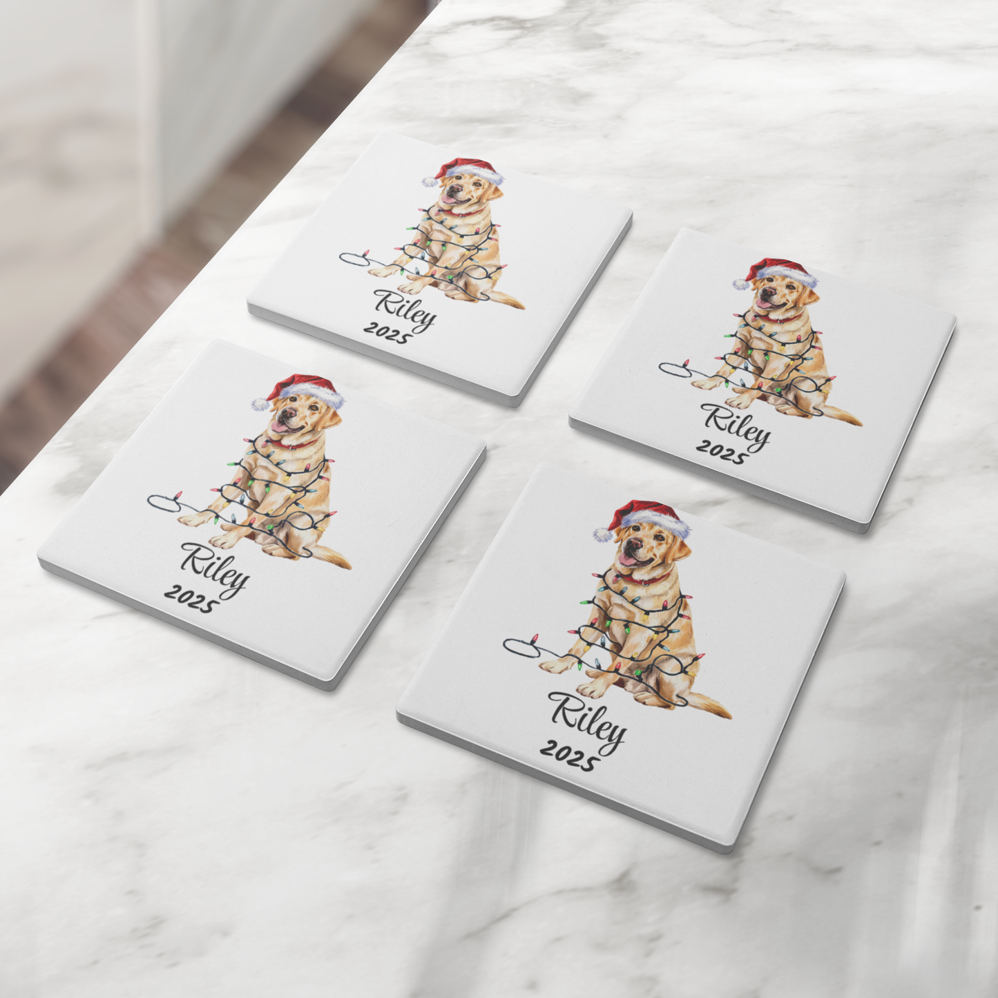 Personalized Yellow Lab Dog Christmas Lights Coasters