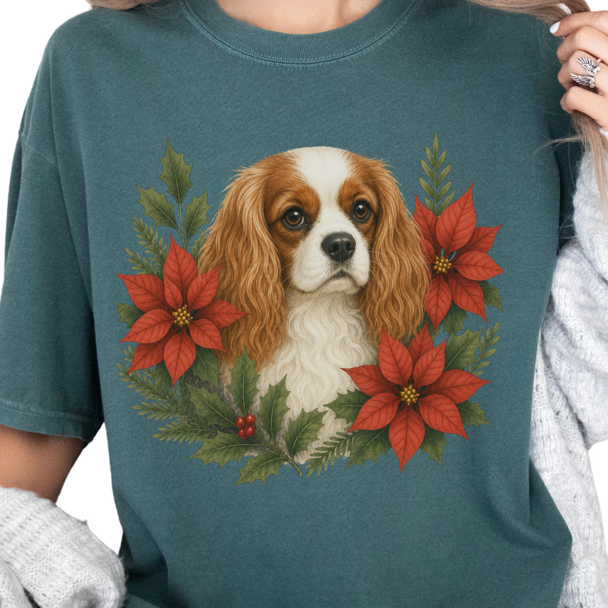 Blenheim Cavalier Christmas Shirt, Poinsettia Dog Mom Holiday Tee