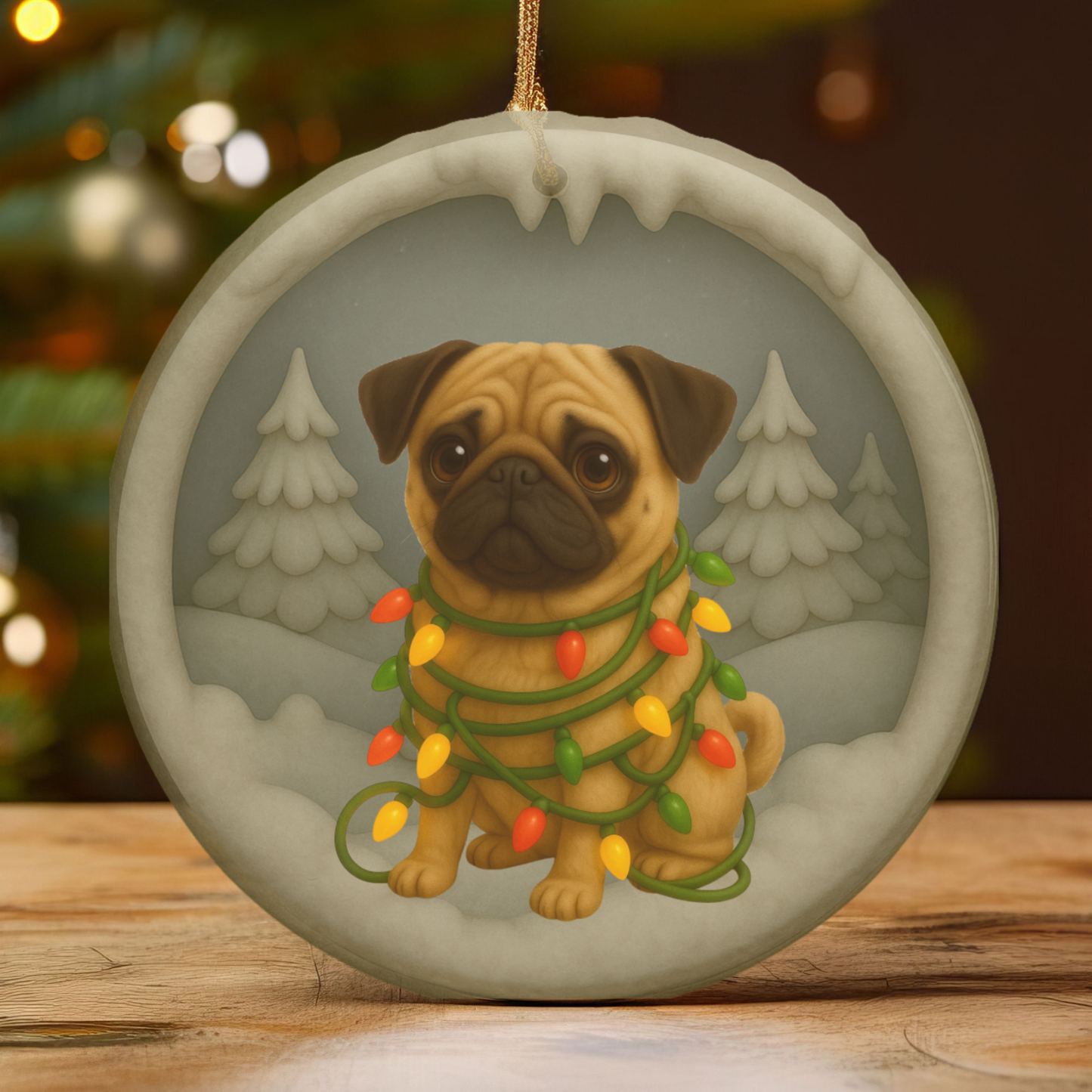 Personalized Tan Pug Christmas Ornament, 3D Clay-Style Dog Keepsake with Lights