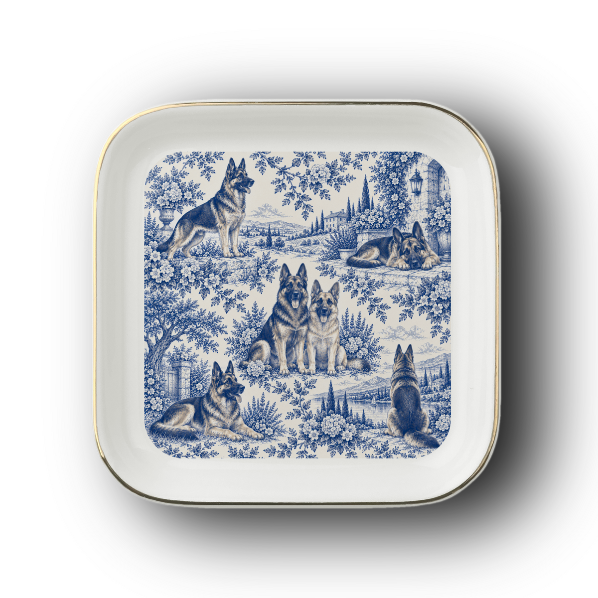 German Shepherd Jewelry Dish, Blue Toile Dog Ring Dish, Shepherd Lover Gift, Trinket Tray