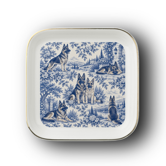 German Shepherd Jewelry Dish, Blue Toile Dog Ring Dish, Shepherd Lover Gift, Trinket Tray