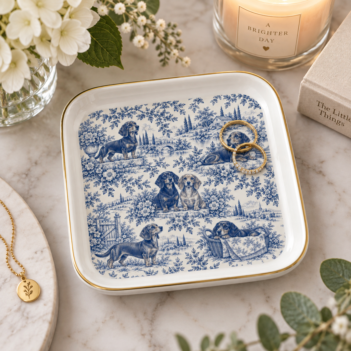 Dachshund Jewelry Dish, Blue Toile Dog Ring Dish, Doxie Lover Gift, Ceramic Trinket Tray