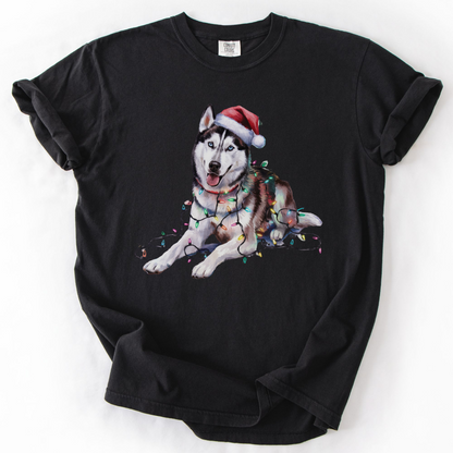 Siberian Husky Christmas Lights Shirt, Festive Holiday Tee for Husky Lovers