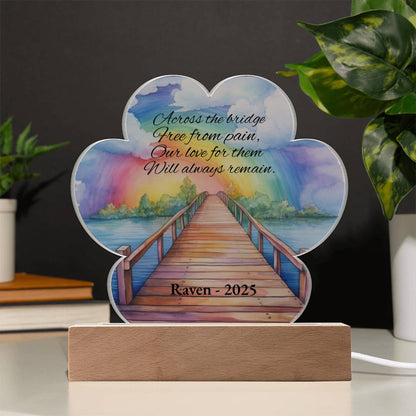 Personalized Pet Memorial Acrylic Light, Rainbow Bridge Paw Plaque with LED Base, Custom Dog Cat Loss Remembrance Gift