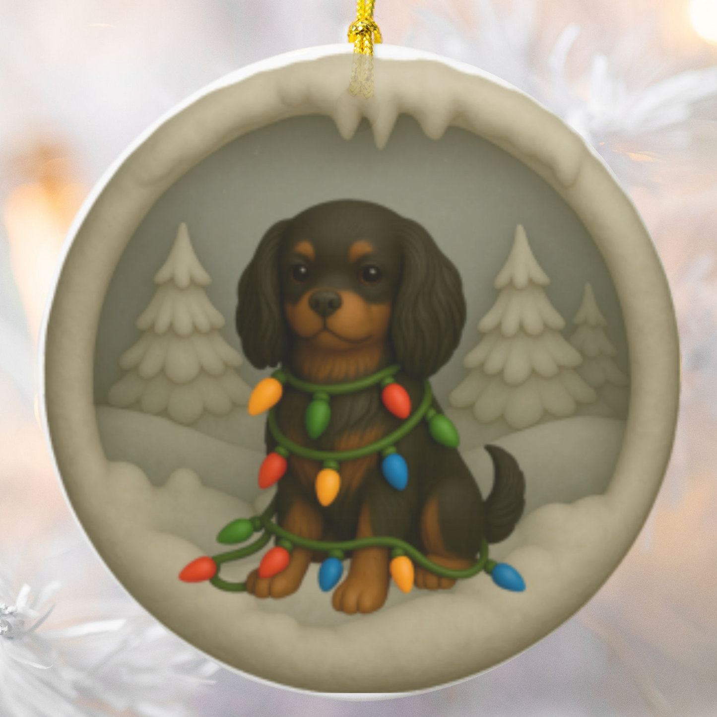 Personalized Black and Tan Cavalier King Charles Spaniel Christmas Ornament, 3D Clay-Style Dog Keepsake with Lights