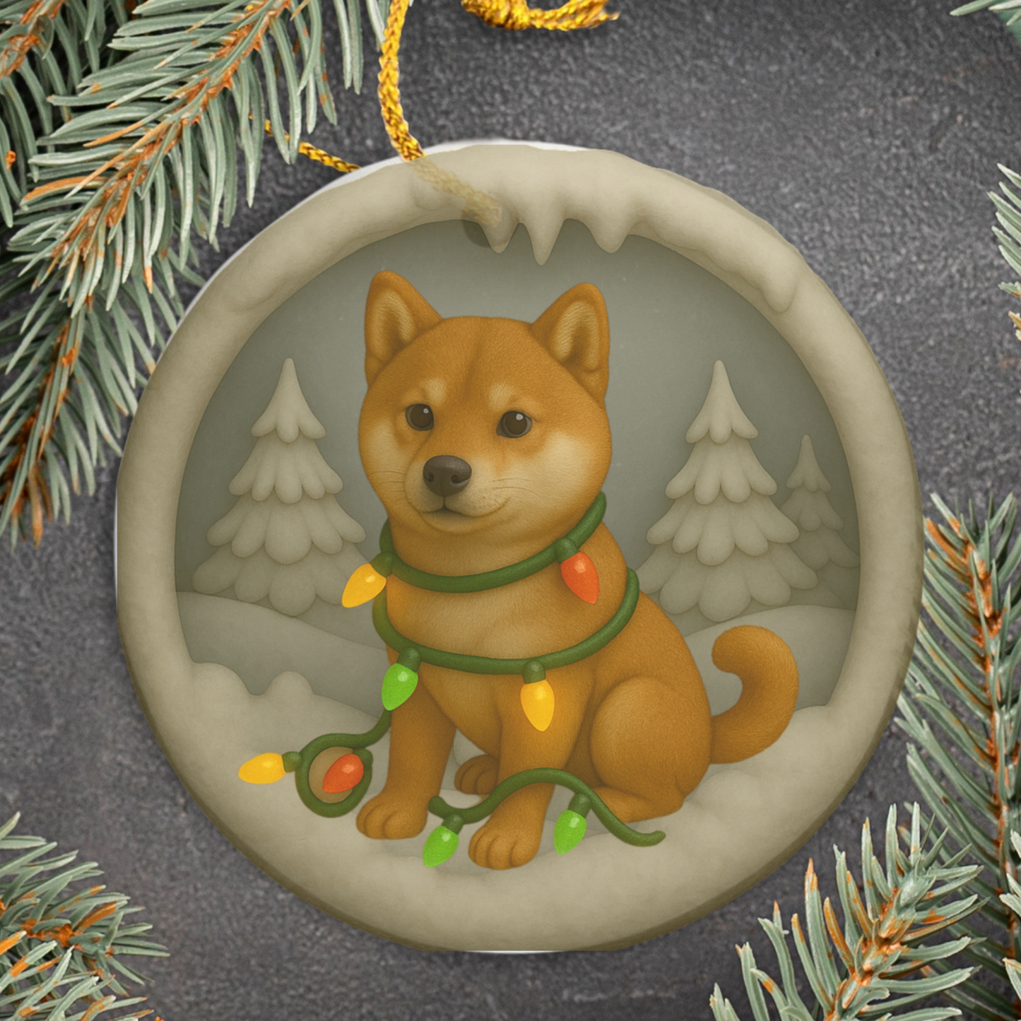 Personalized Red Shiba Inu Christmas Ornament, 3D Clay-Style Dog Keepsake with Lights