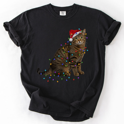 Brown Tabby Cat Christmas Lights Shirt, Comfort Colors Holiday Cat Lover Tee