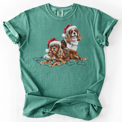 Cavalier King Charles Spaniel Christmas Shirt, Ruby and Blenheim Spaniel Gift, Dog Santa Hat Tee, Festive Holiday Dog Art