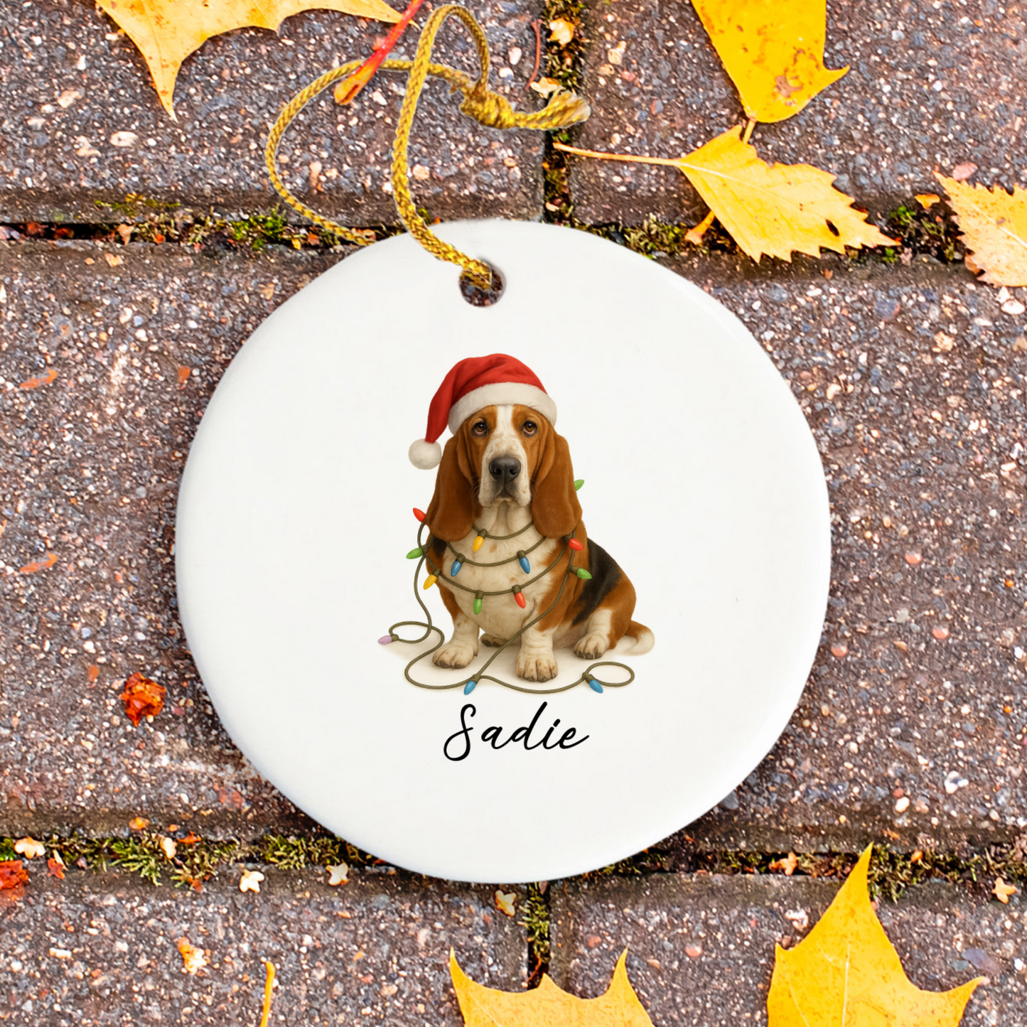 Personalized Basset Hound Christmas Ornament, Ceramic Dog Decor, Santa Hat Lights Keepsake