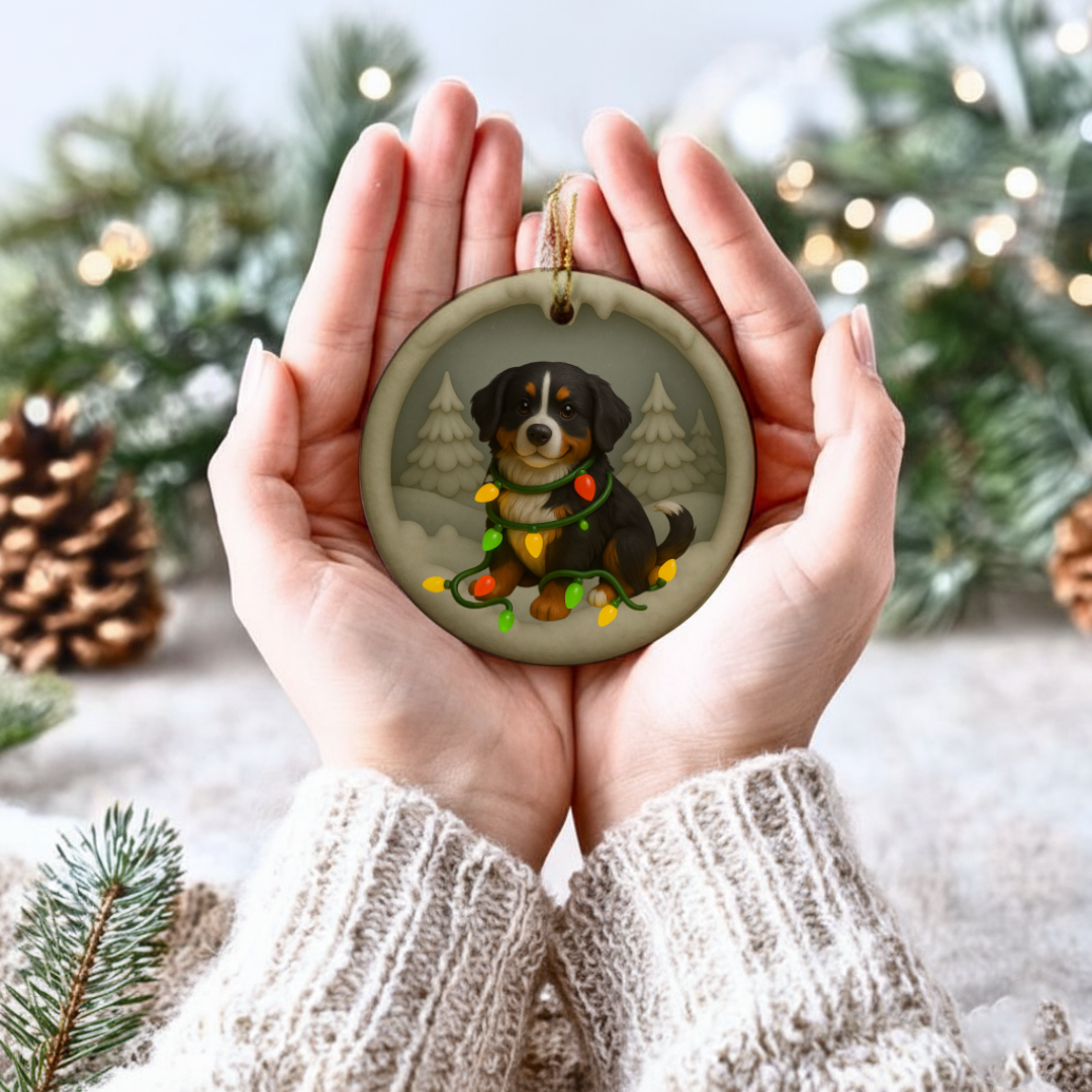 Personalized Bernese Mountain Dog Christmas Ornament, Custom Dog with Holiday Lights Keepsake