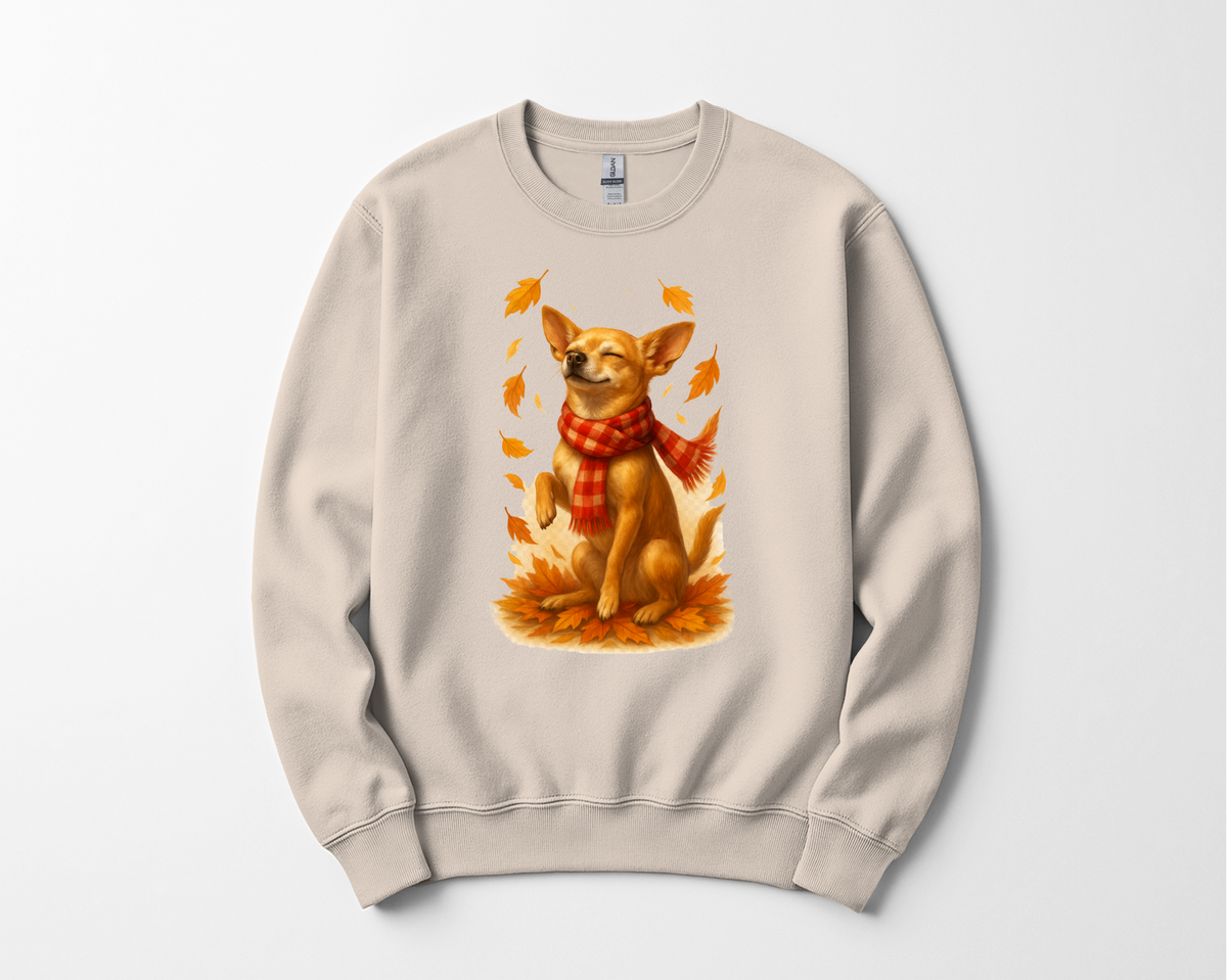 Chihuahua in Autumn Leaves T-shirt, Fall Dog Sweatshirt, Pet Lover Gift, Cozy Canine Apparel, Chihuahua in Scarf, Dog Mom Present