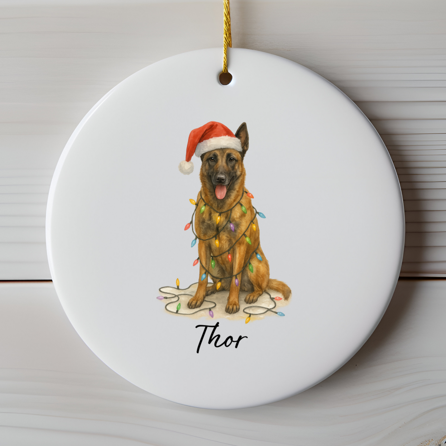 Personalized Belgian Malinois Dog Christmas Ornament, Ceramic Pet Decor, Santa Hat Lights