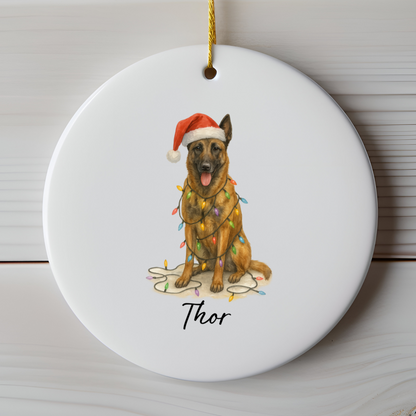Personalized Belgian Malinois Dog Christmas Ornament, Ceramic Pet Decor, Santa Hat Lights