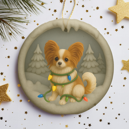 Personalized Papillon Christmas Ornament, 3D Clay-Style Dog Keepsake with Lights