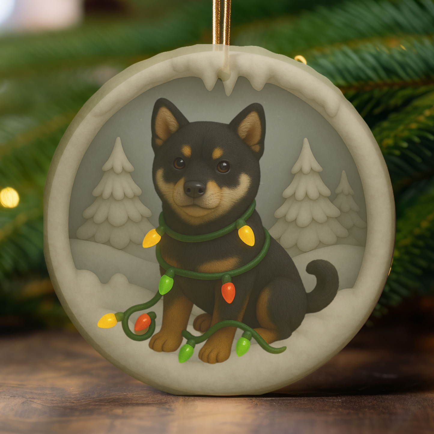 Personalized Black Shiba Inu Christmas Ornament, 3D Clay-Style Dog Keepsake with Lights