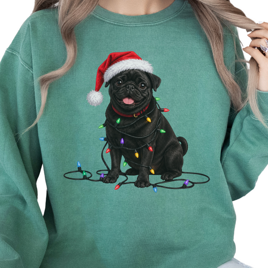 Black Pug Christmas Lights Sweatshirt, Festive Dog Lover Holiday Sweater