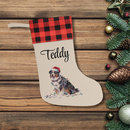 Personalized Christmas Australian Shepherd Stocking, Xmas Decor, Plaid Cuff Holiday Stocking