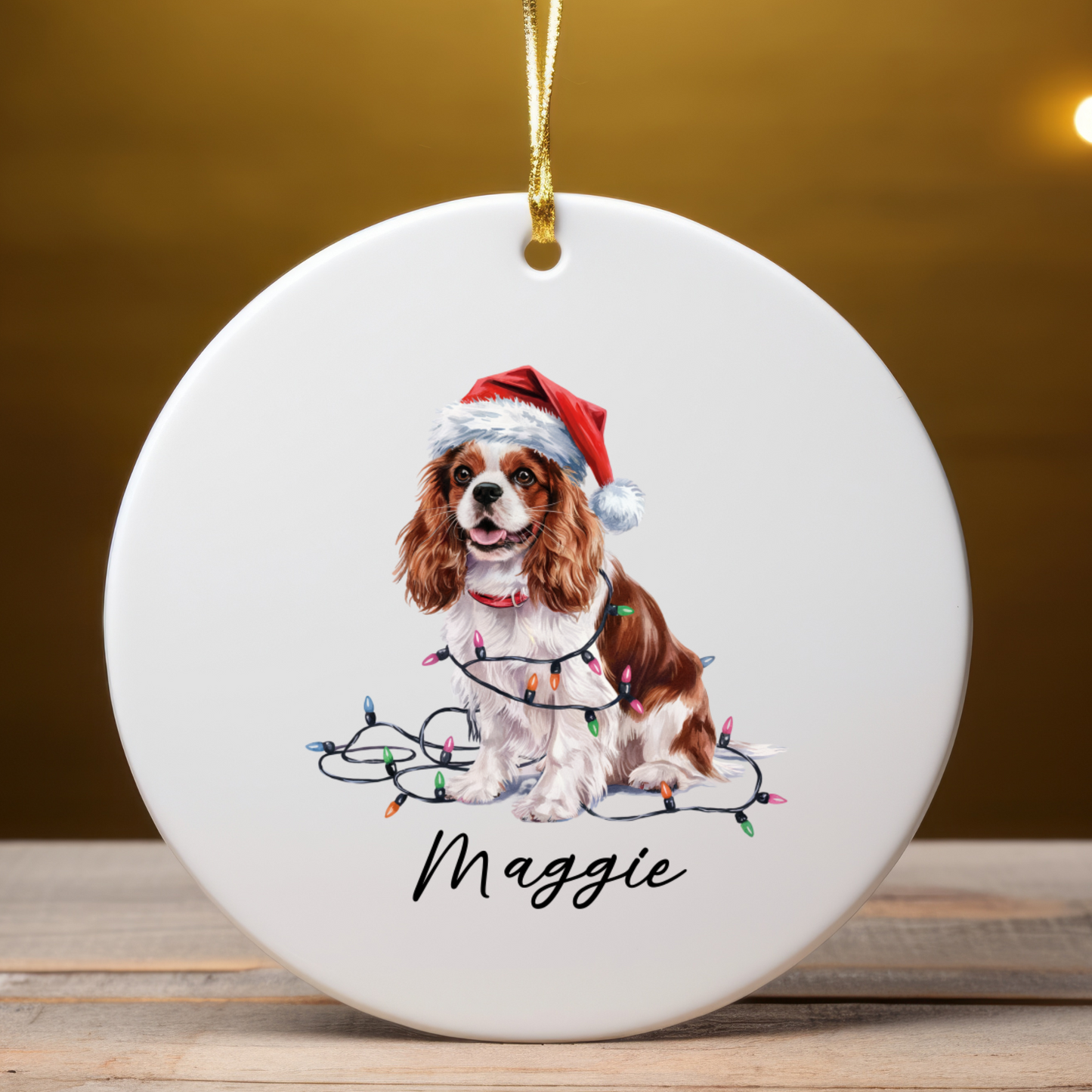 Personalized Blenheim Cavalier King Charles Spaniel Christmas Ornament, Tangled Lights Ceramic Keepsake