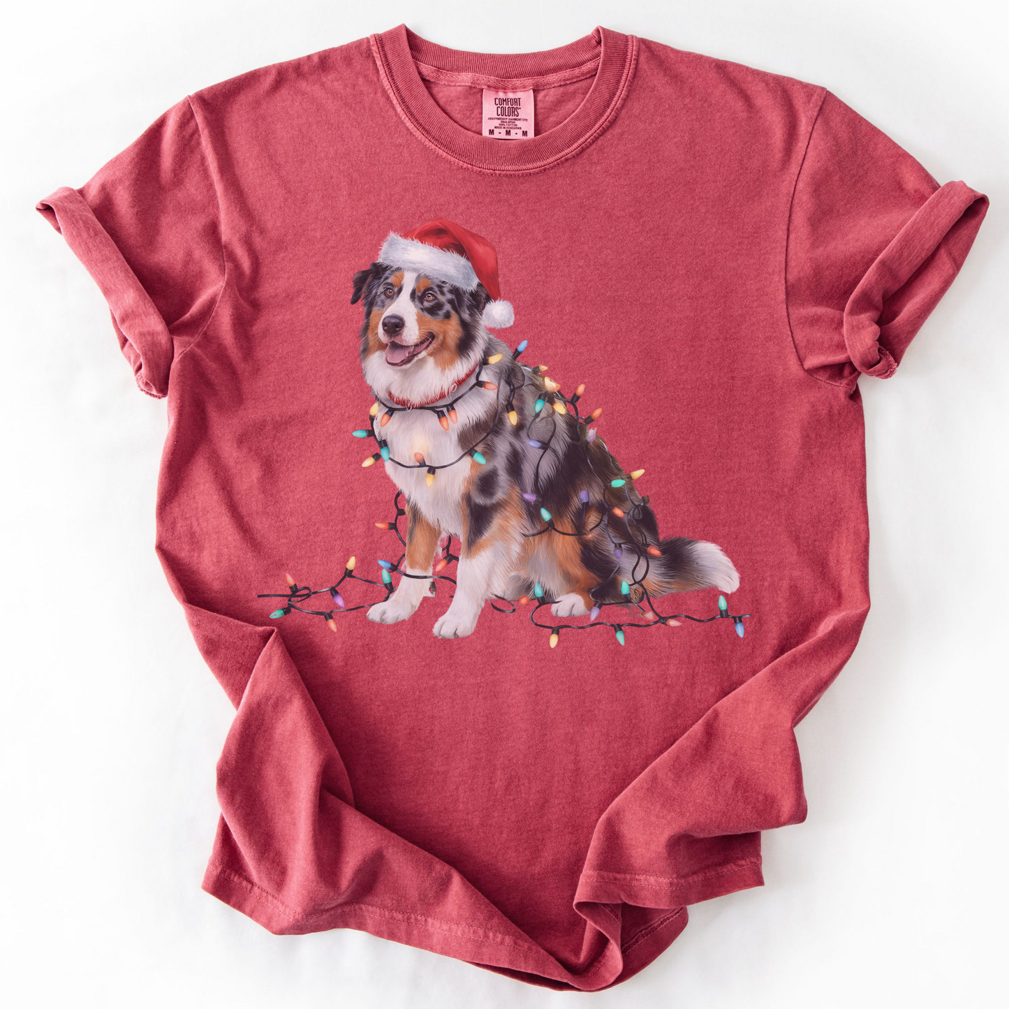 Australian Shepherd Christmas Lights Dog Shirt, Festive Aussie Holiday Tee for Dog Lovers
