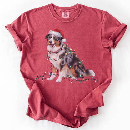 Australian Shepherd Christmas Lights Dog Shirt, Festive Aussie Holiday Tee for Dog Lovers
