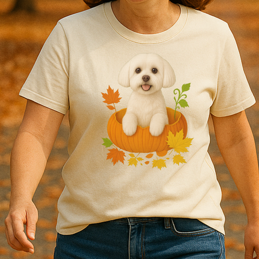 Maltese in Pumpkin Fall Shirt, Cute Autumn Dog Tee for Maltese Moms and Pet Lovers