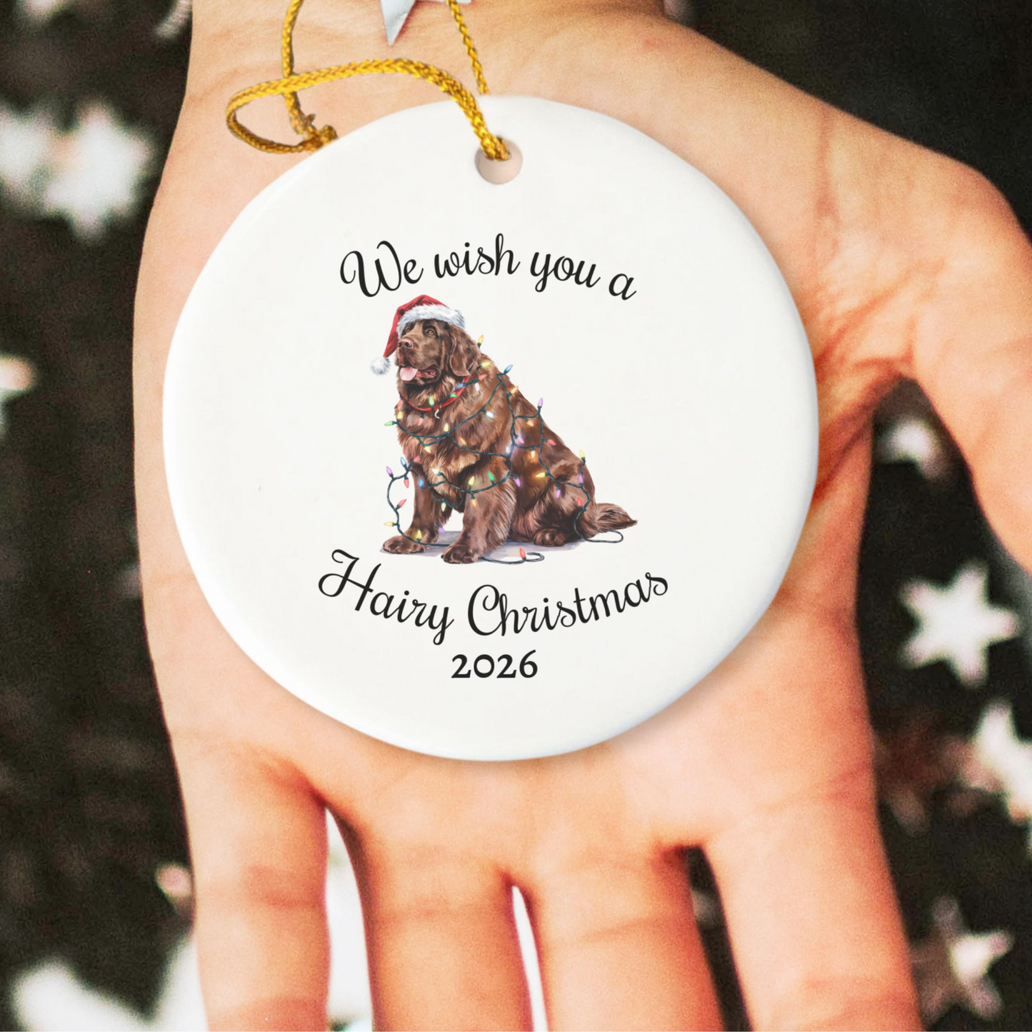 Christmas Brown Newfoundland Ornament, Christmas Lights Dog Keepsake