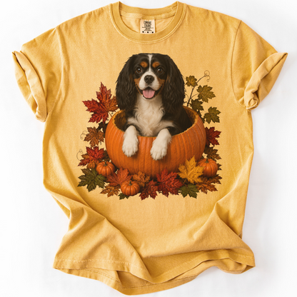 Tricolor Cavalier King Charles in Pumpkin Fall Shirt, Cute Autumn Dog Tee for Spaniel Moms