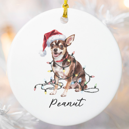 Personalized Black Chihuahua Christmas Ornament, Santa Hat Lights Ceramic Keepsake