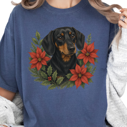 Black and Tan Dachshund Christmas Shirt, Poinsettia Dog Mom Holiday Tee