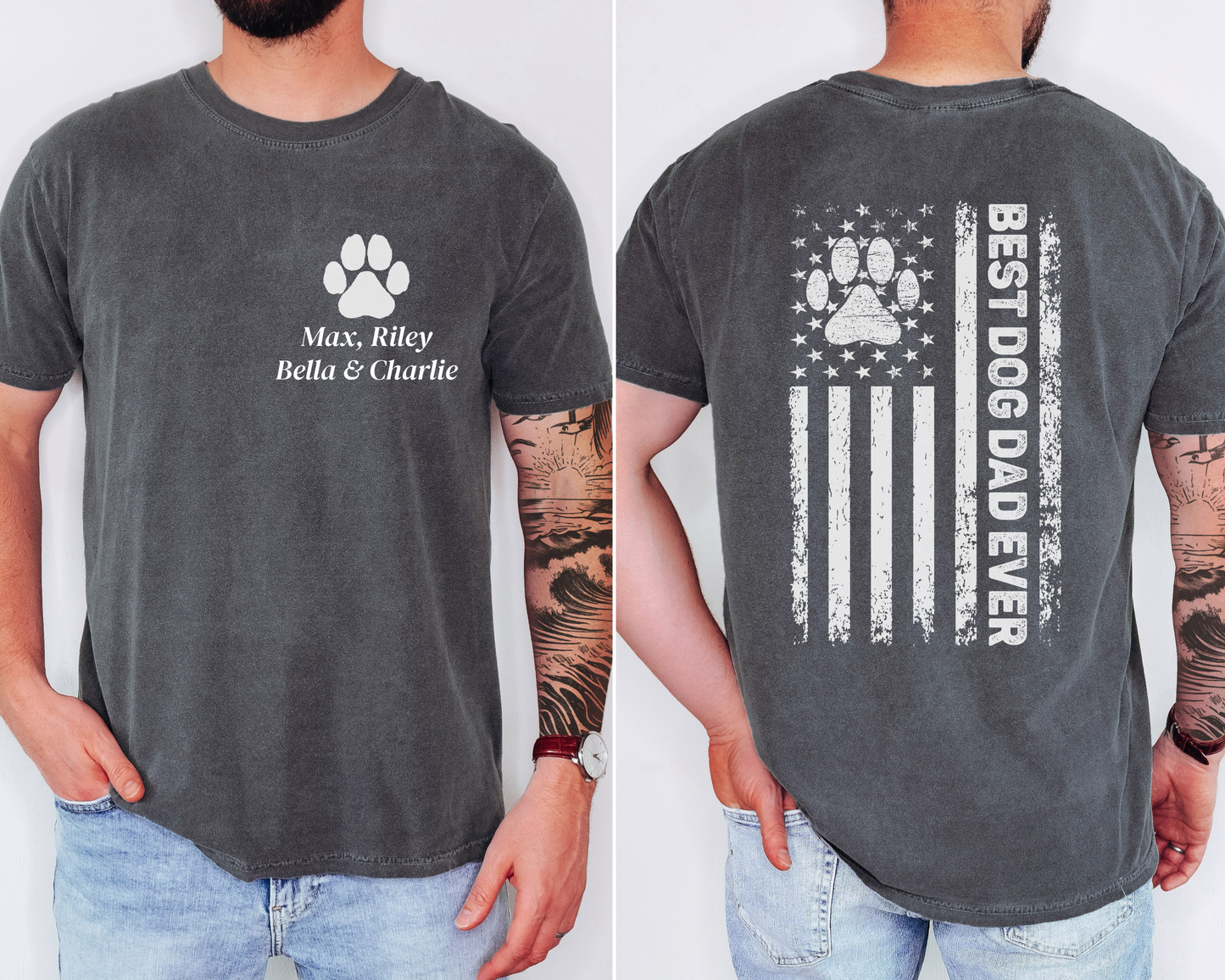 Personalized Best Dog Dad Ever Shirt Custom Paw Print Tee with Dog Names Father’s Day Gift for Dog Lovers