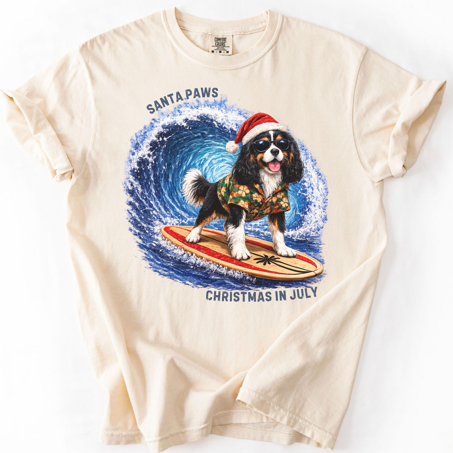 Christmas in July Gift for Tricolor Cavalier Lovers, Santa Paws Beach Shirt
