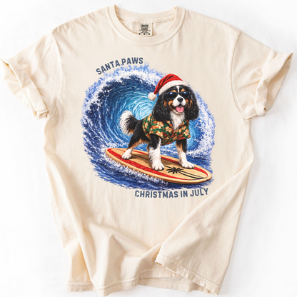 Christmas in July Gift for Tricolor Cavalier Lovers, Santa Paws Beach Shirt