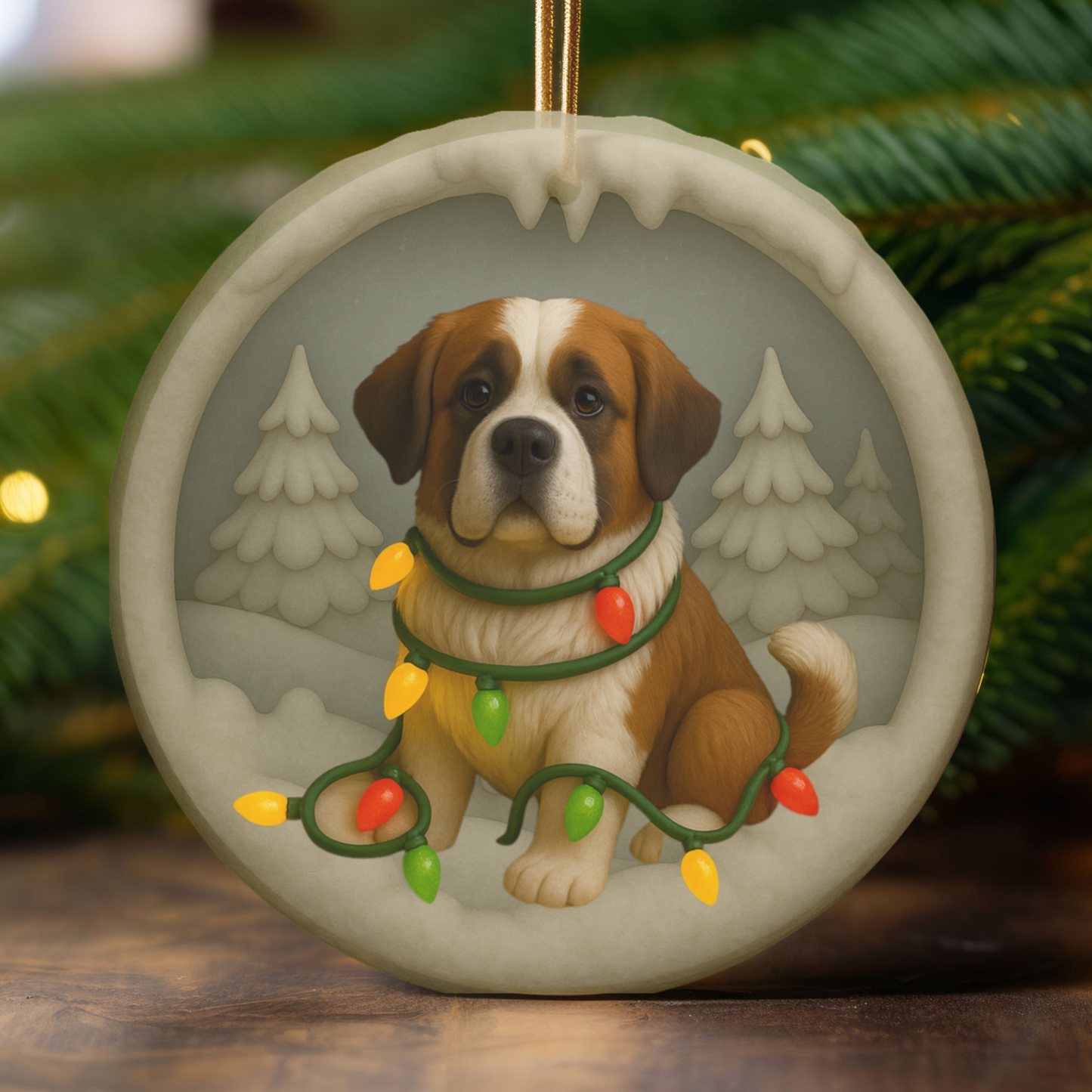 Personalized Saint Bernard Christmas Ornament, 3D Clay-Style Dog Keepsake with Lights